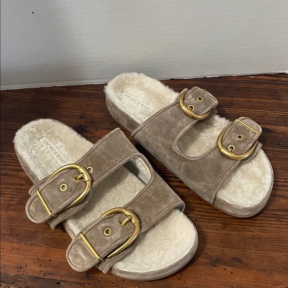 Veronica Beard Shoes - Veronica Beard Prue Shearling Lined Ecru Suede slide sandals NWT